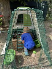 Boy tending to his chickens whilst crouched inside Eglu Go UP 2m run.