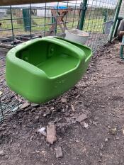 A green Eglu Cube Drinker attached to the run.