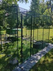 A large walk in chicken run set up in a garden.