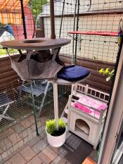 The outdoor freestyle cat tree set up with accessories attached to a walk in run.