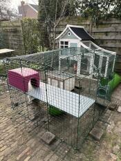 The Zippi rabbit playpen with platforms set up in a garden.