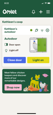 A screenshot of the Omlet app for the Smart automatic chicken coop door.