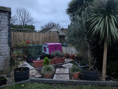 The purple Eglu Cube chicken coop set up in a garden.