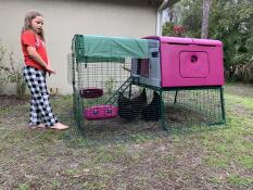 A girl looking into a purple Eglu Cube Chicken Coop.