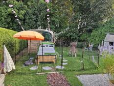 A green Eglu Cube chicken coop set up in a garden with Omlet fencing surrounding it.