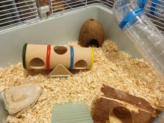 a hamster or gerbil cage set up with lots of toy and accessories