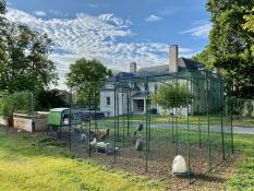 A large chicken run in the garden of large house.