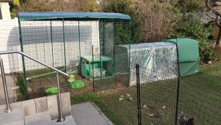 A large enclosure connected to a chicken coop and 2 meter smaller run