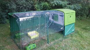 large green cube chicken coop with a run and cover over the top and grub feeders attached