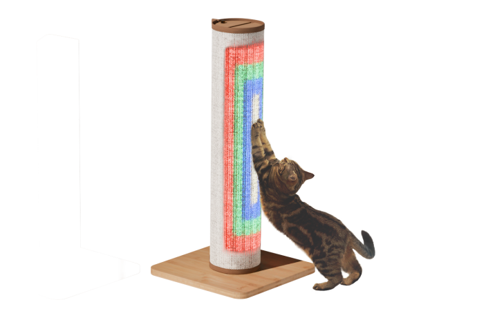 switch cat playing with a scratching post with led light omlet