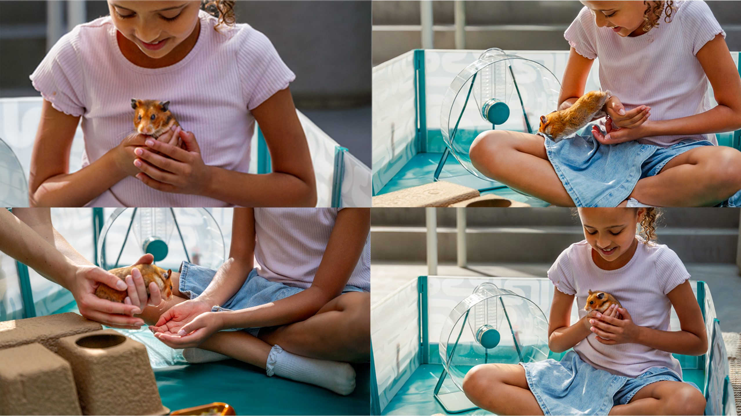 Montage of girl playing with her pet hamster using different Omlet hamster products